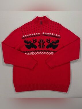 Chaps Mens Sweater Large Red 1/4 Zip Fair Isle Moose Snowflake Christmas Holiday